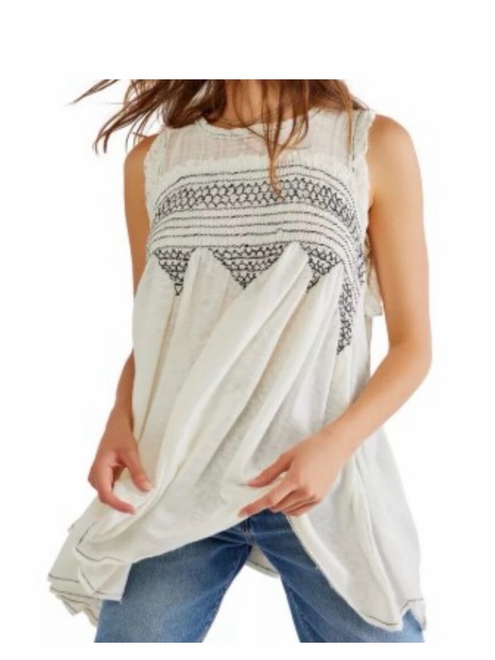 Free People Sea Breeze Tunic | Ivory Embroidered Boho Sleeveless Top | Size S